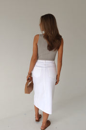 Lia Front Slit Denim Midi Skirt