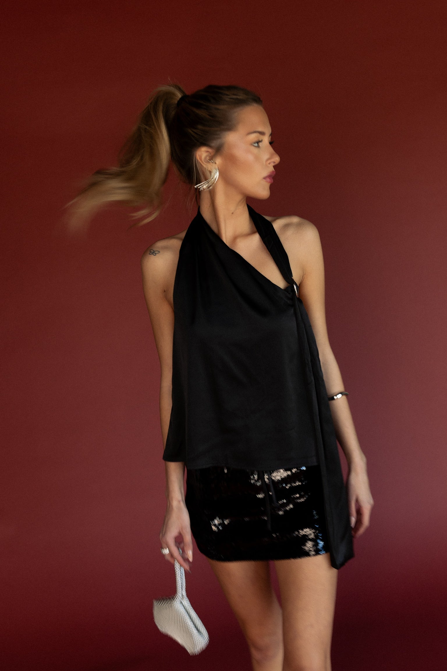 Black Satin Silver Trim Scarf Halter Top