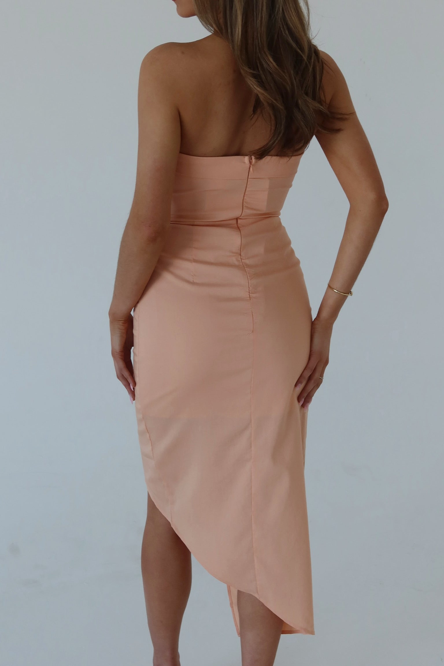 Jina Peach Wrap Strapless Midi Dress