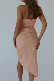 Jina Peach Wrap Strapless Midi Dress