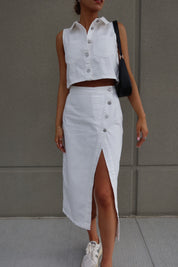 White Denim Button Down Top and Skirt Set