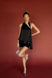 Black Satin Silver Trim Scarf Halter Top