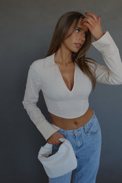 RESTOCKED :Emory Collared Long Sleeve Top In Taupe