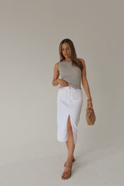 Lia Front Slit Denim Midi Skirt