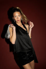 Black Satin Silver Trim Scarf Halter Top