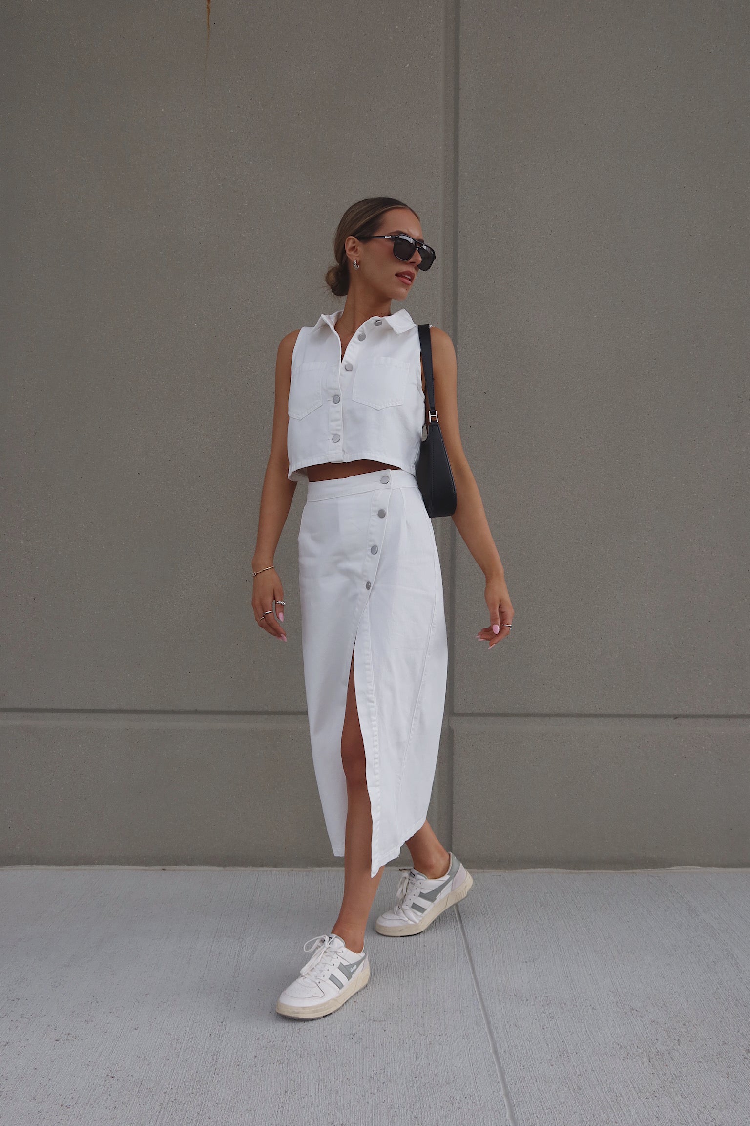 White Denim Button Down Top and Skirt Set