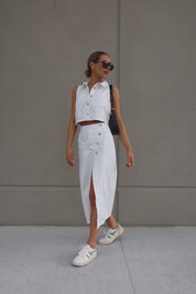 White Denim Button Down Top and Skirt Set