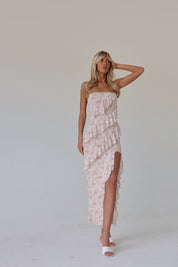 Nude Tiered Ruffle Leg Slit Midi Dress