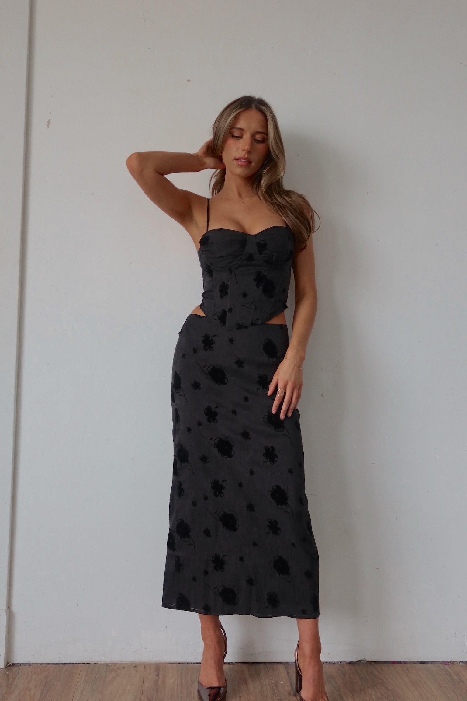 Tia Velvet Floral Midi Skirt