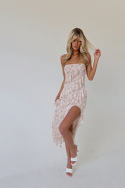 Nude Tiered Ruffle Leg Slit Midi Dress