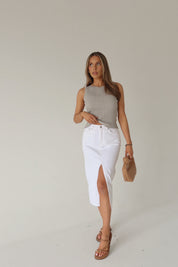 Lia Front Slit Denim Midi Skirt