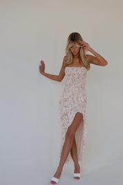 Nude Tiered Ruffle Leg Slit Midi Dress