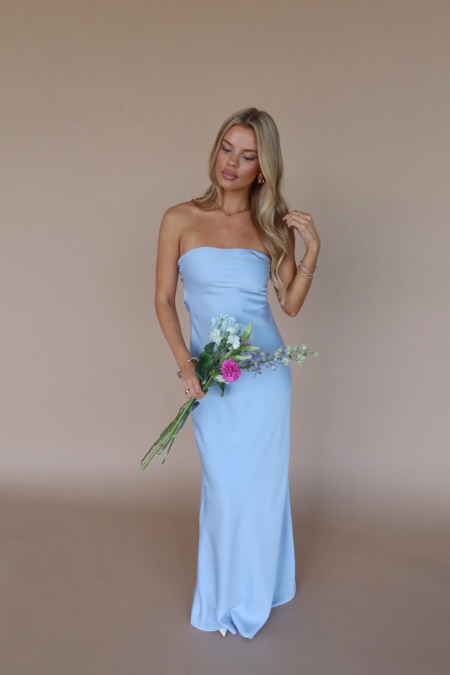 Carter Satin Strapless Maxi Dress In Dusty Blue