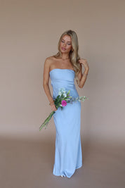 Carter Satin Strapless Maxi Dress In Dusty Blue