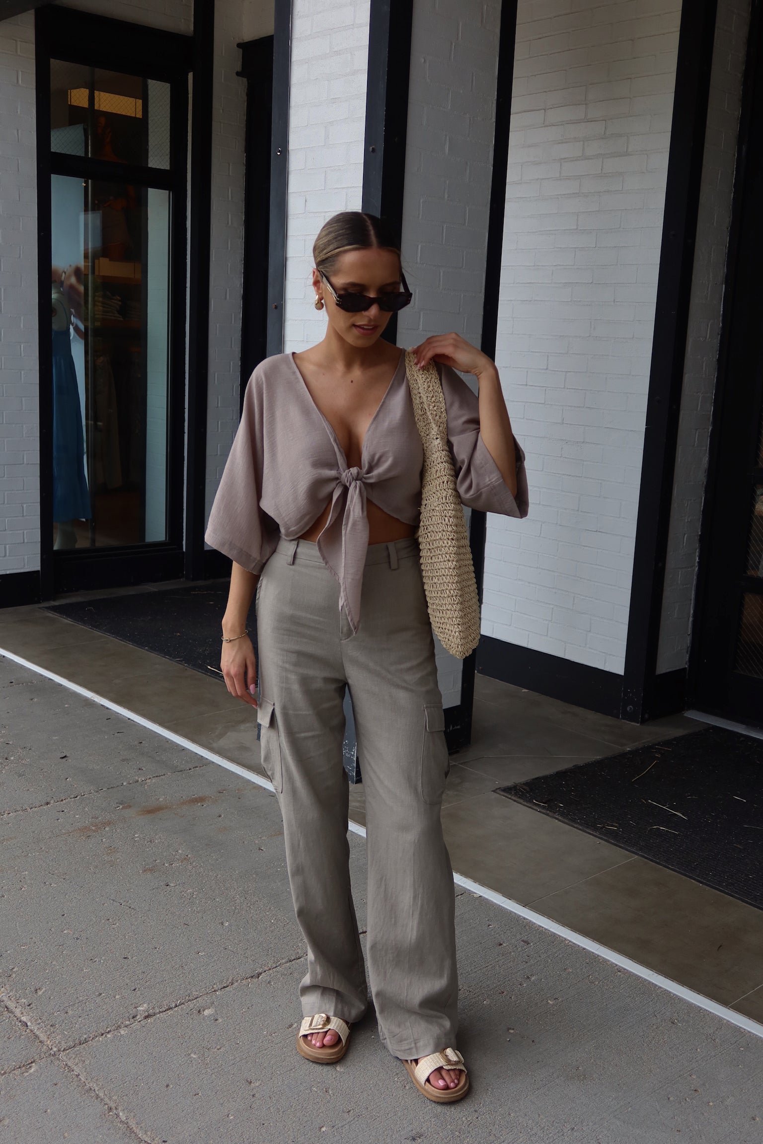 Charcoal Linen Tie Top