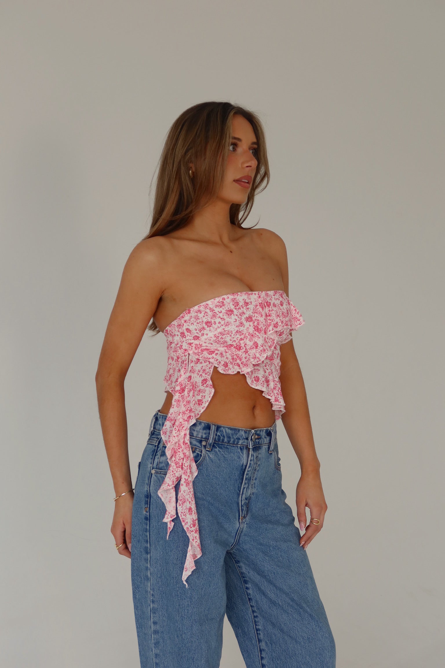 RESTOCKED :Zoey Pink Floral Strapless Top