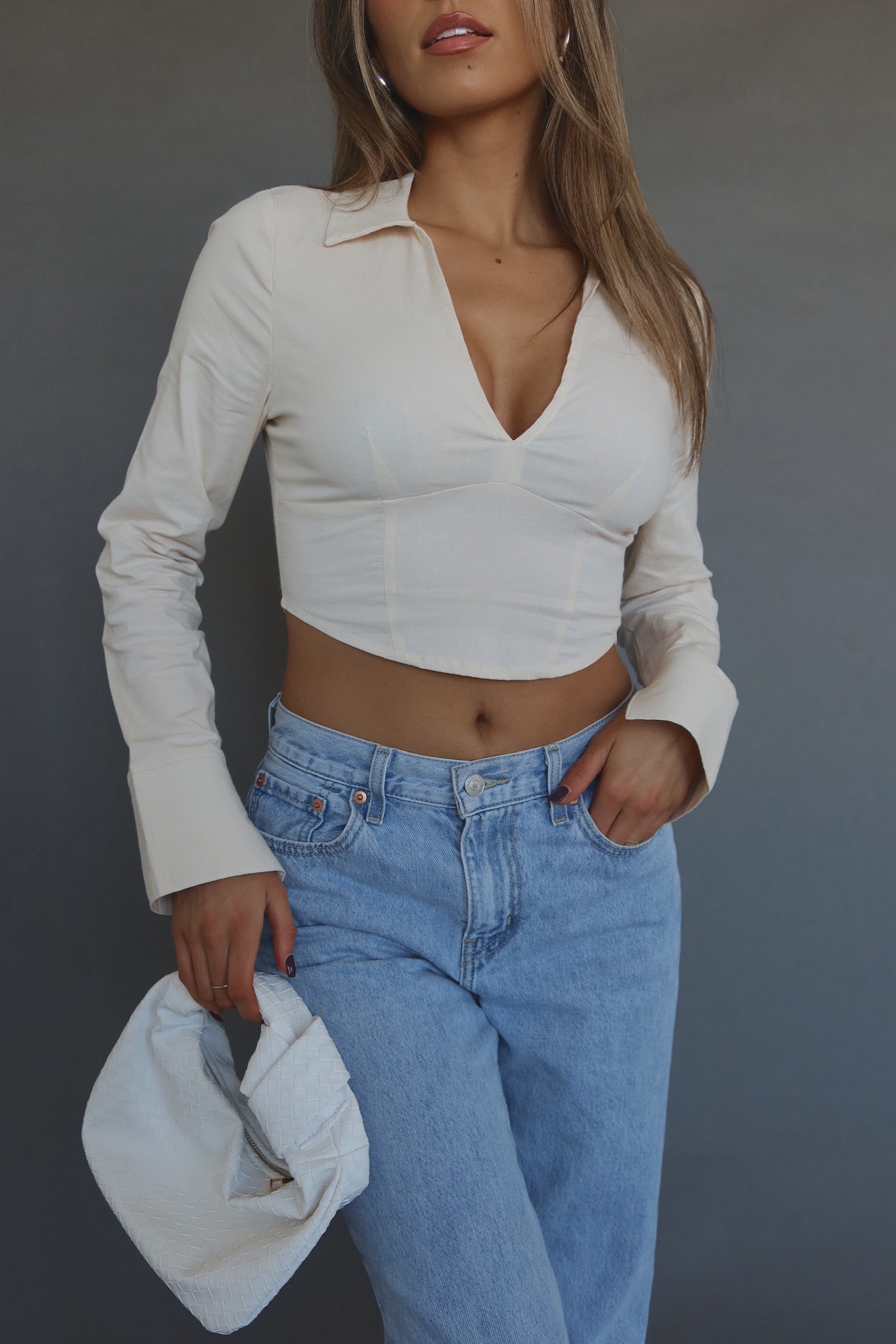RESTOCKED :Emory Collared Long Sleeve Top In Taupe