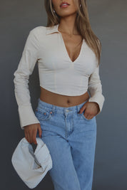 RESTOCKED :Emory Collared Long Sleeve Top In Taupe