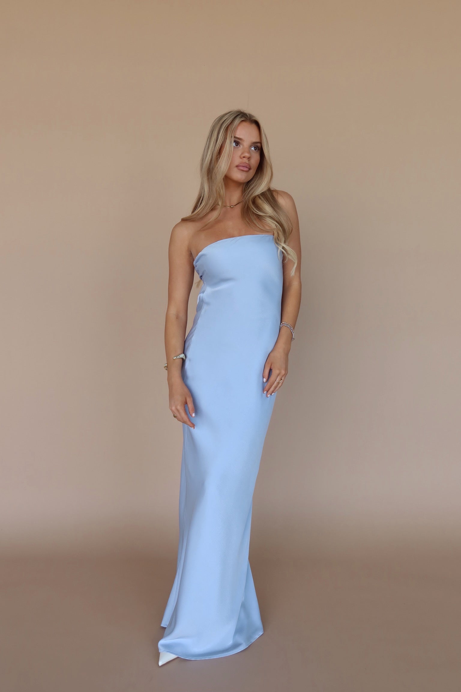 Carter Satin Strapless Maxi Dress In Dusty Blue