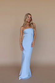 Carter Satin Strapless Maxi Dress In Dusty Blue
