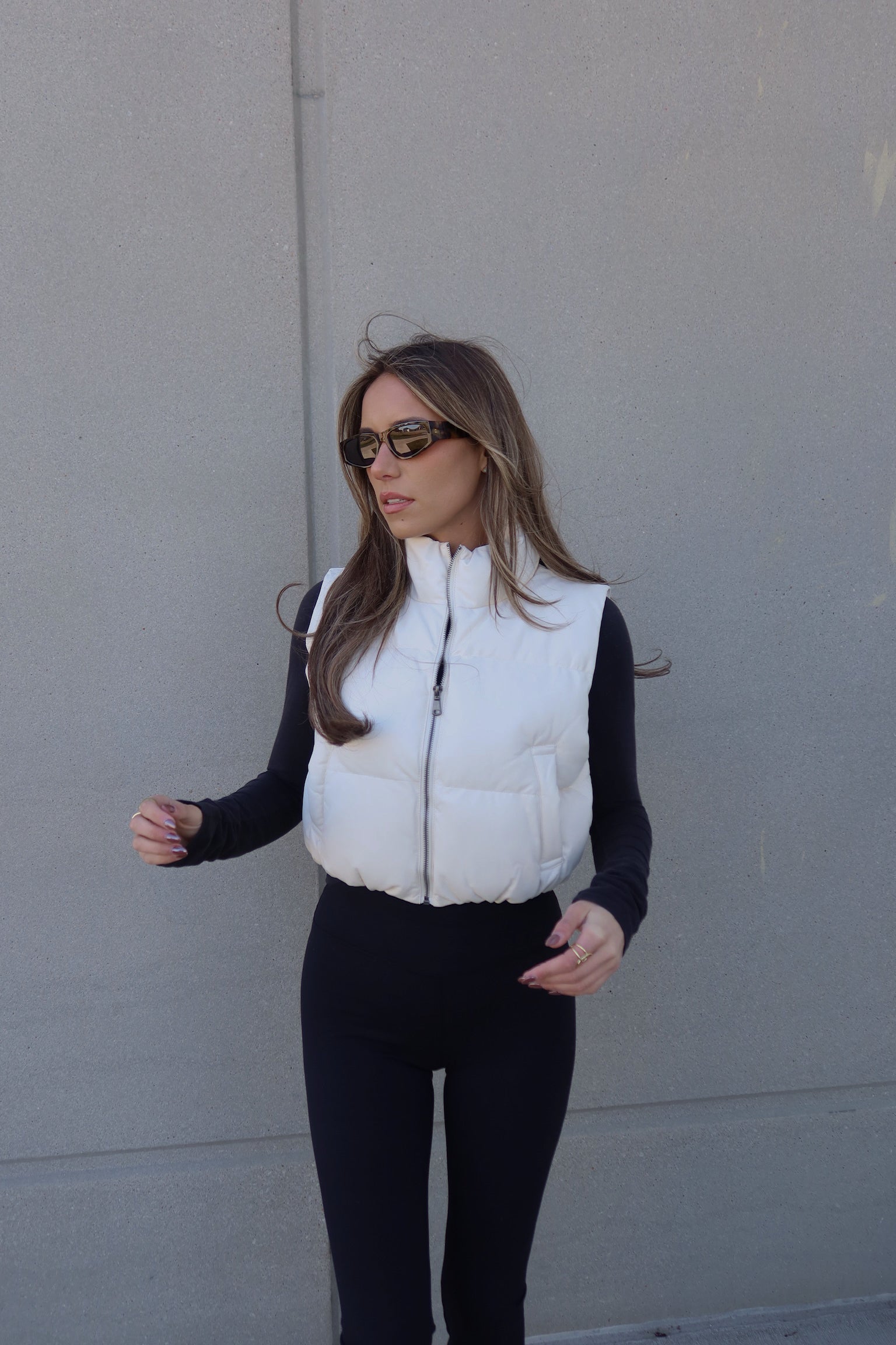 Cream Cropped Pleather Puffer Vest