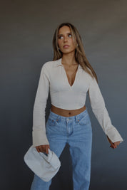RESTOCKED :Emory Collared Long Sleeve Top In Taupe