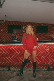 Red Long Sleeve Denim Romper