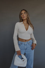 RESTOCKED :Emory Collared Long Sleeve Top In Taupe