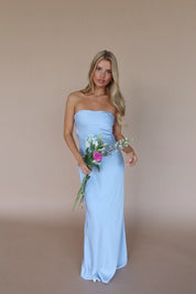 Carter Satin Strapless Maxi Dress In Dusty Blue
