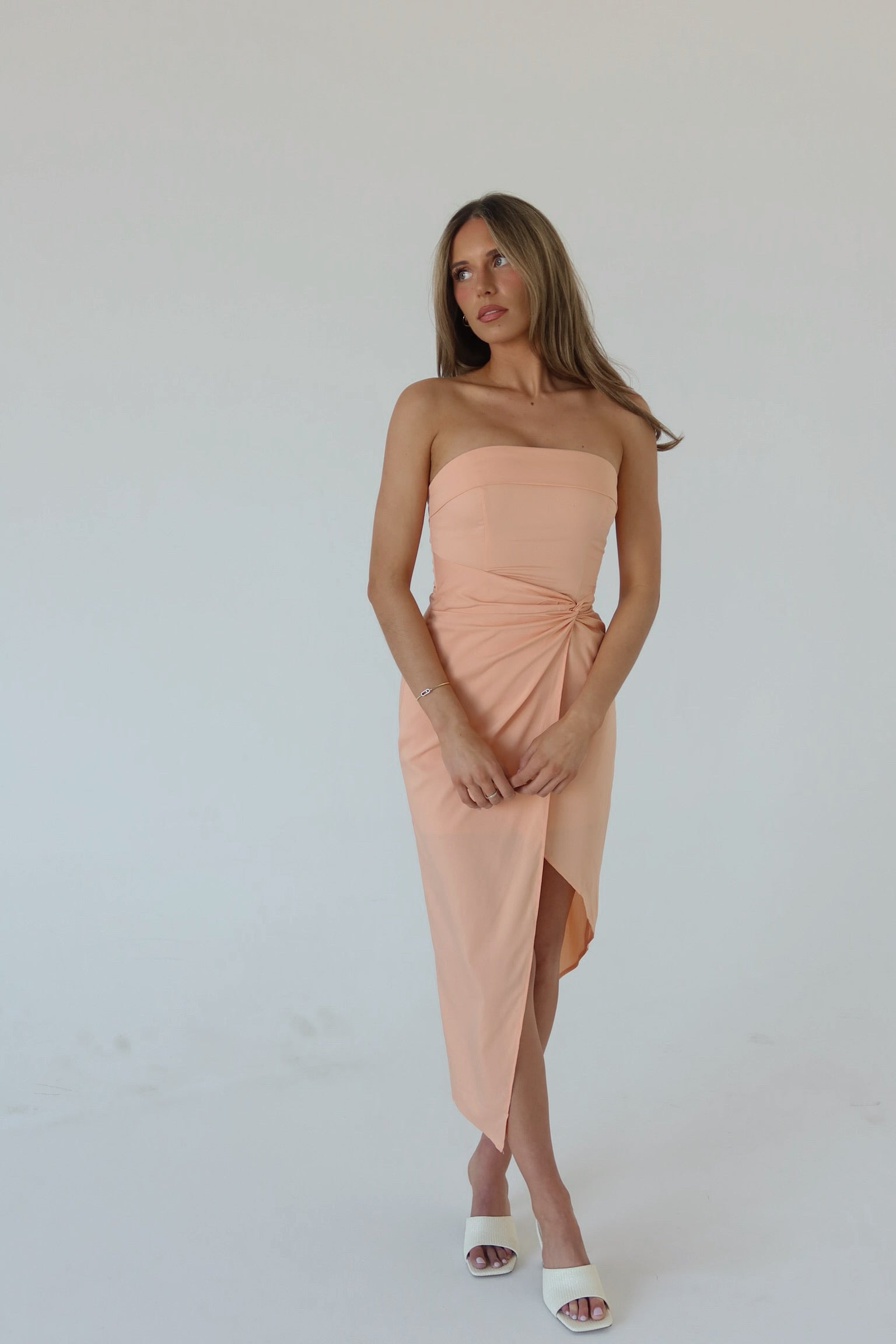 Jina Peach Wrap Strapless Midi Dress