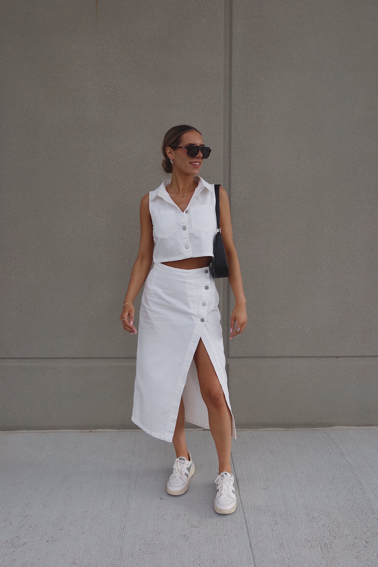 White Denim Button Down Top and Skirt Set
