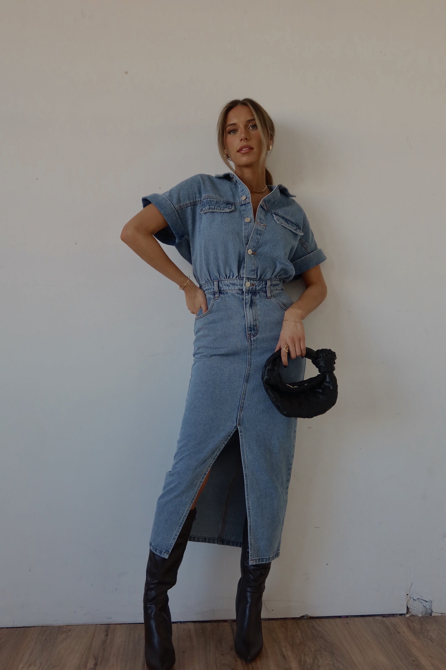tobi denim dress Classic Blue / 00 / S123DW1570 Classic Wash Denim Overall Maxi Dress