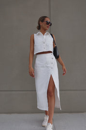 White Denim Button Down Top and Skirt Set