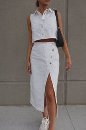 White Denim Button Down Top and Skirt Set
