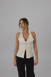 Stacy Split Front Collared Vest Top in Stone