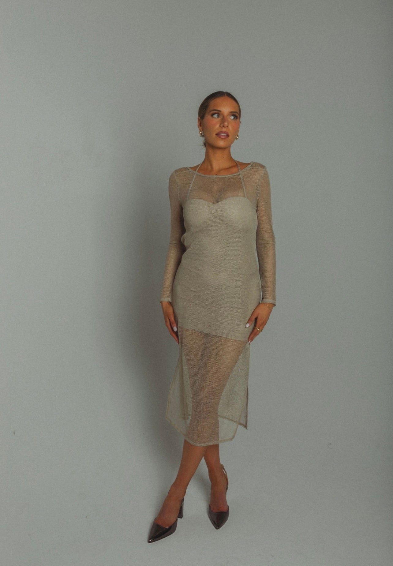 Golden Mesh Midi Dress