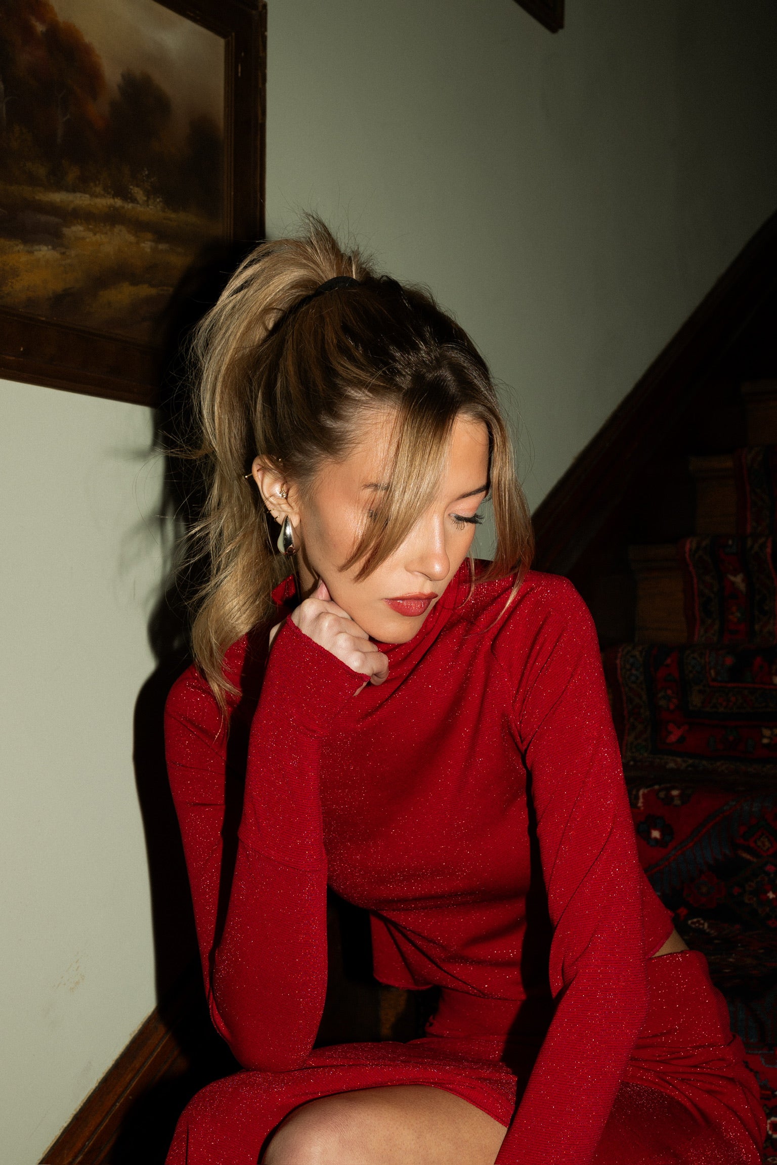 Holiday Red Shimmer Midi Skirt