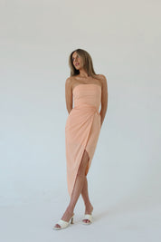 Jina Peach Wrap Strapless Midi Dress