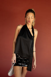 Black Satin Silver Trim Scarf Halter Top