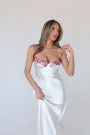 Naomi Floral Hem Silk Maxi Dress In Oyster