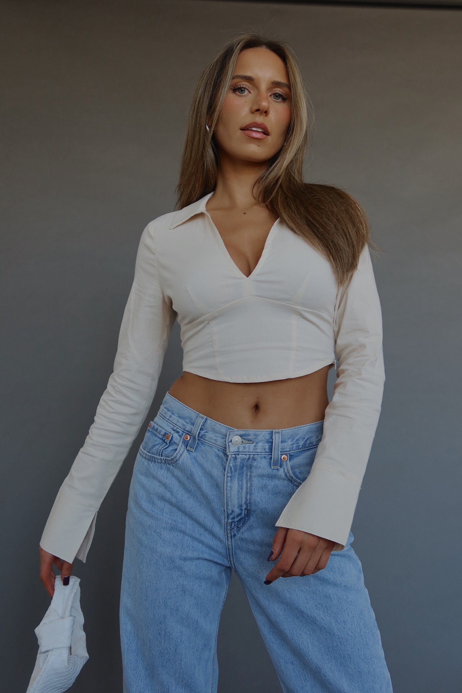 RESTOCKED :Emory Collared Long Sleeve Top In Taupe