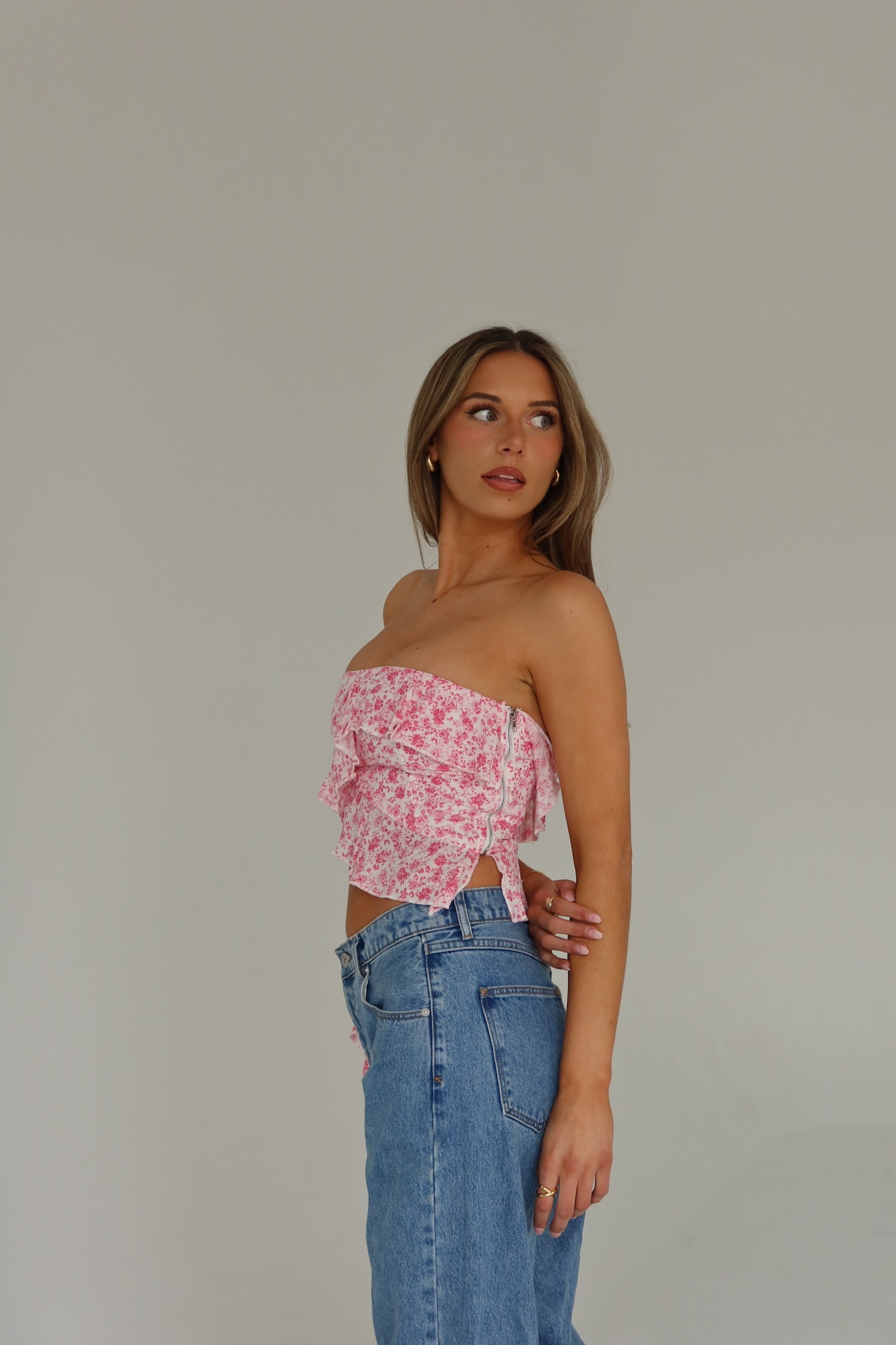 RESTOCKED :Zoey Pink Floral Strapless Top