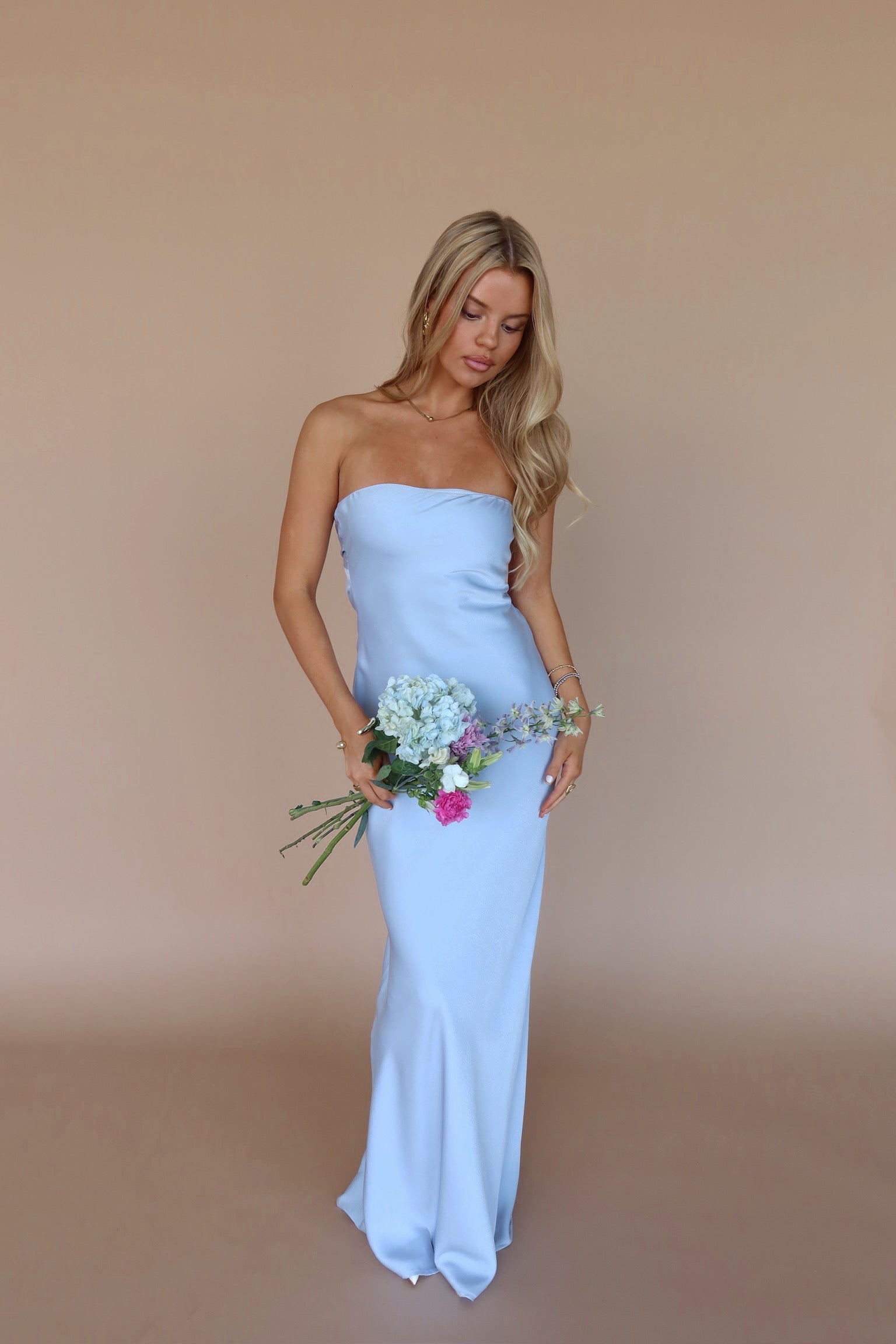 Carter Satin Strapless Maxi Dress In Dusty Blue