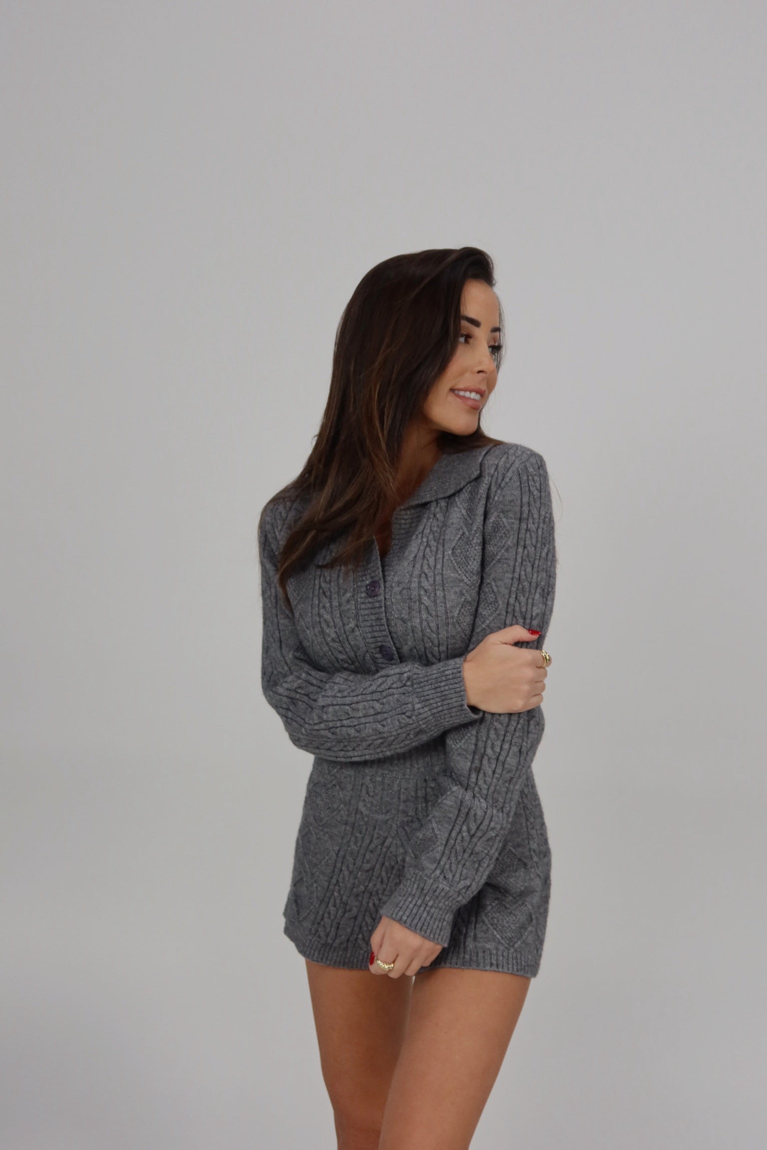 Cozy Cable Knit Button-Up Romper In Grey