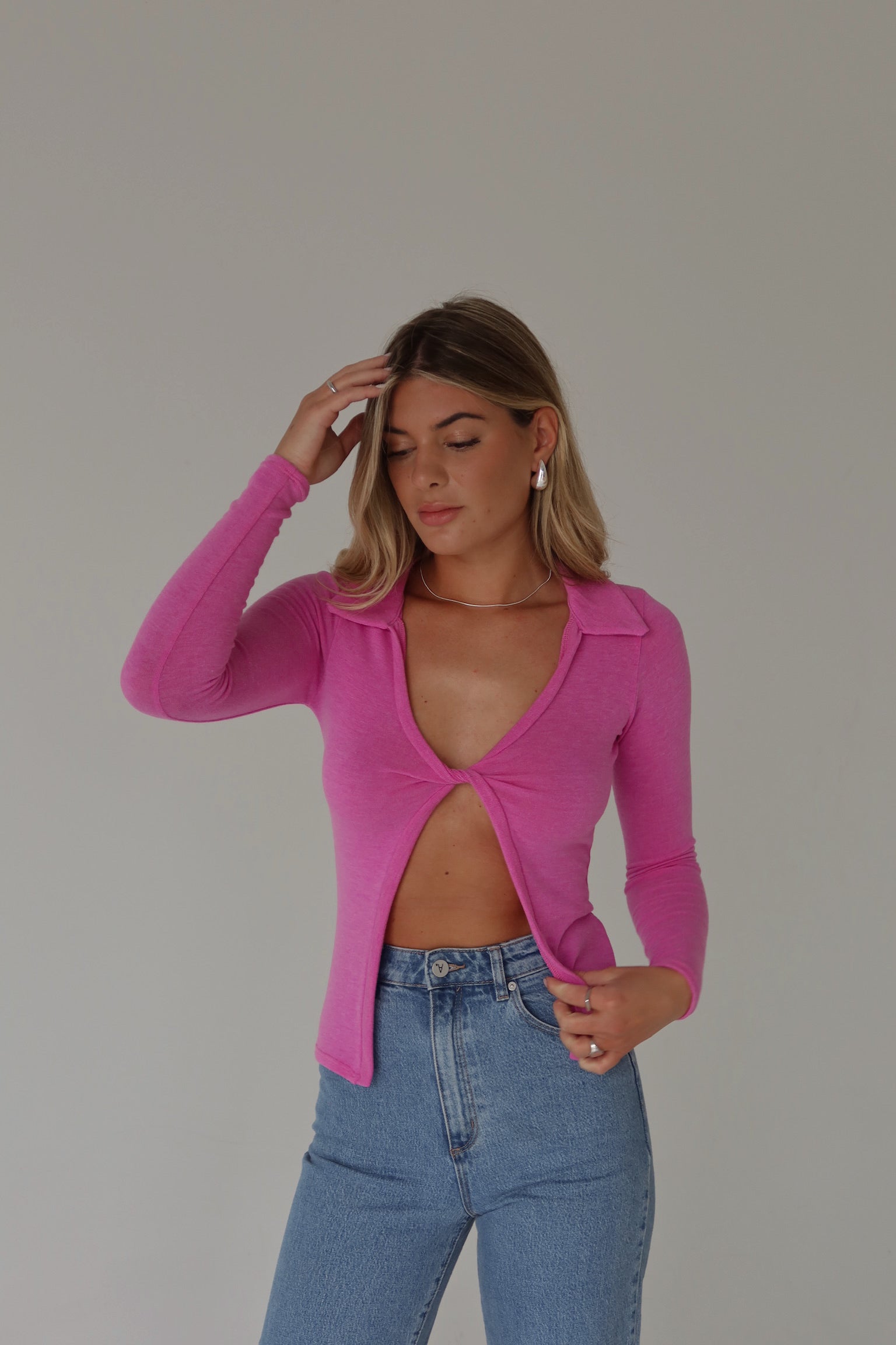 Fuchsia Open Front Collared Top