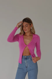 Fuchsia Open Front Collared Top