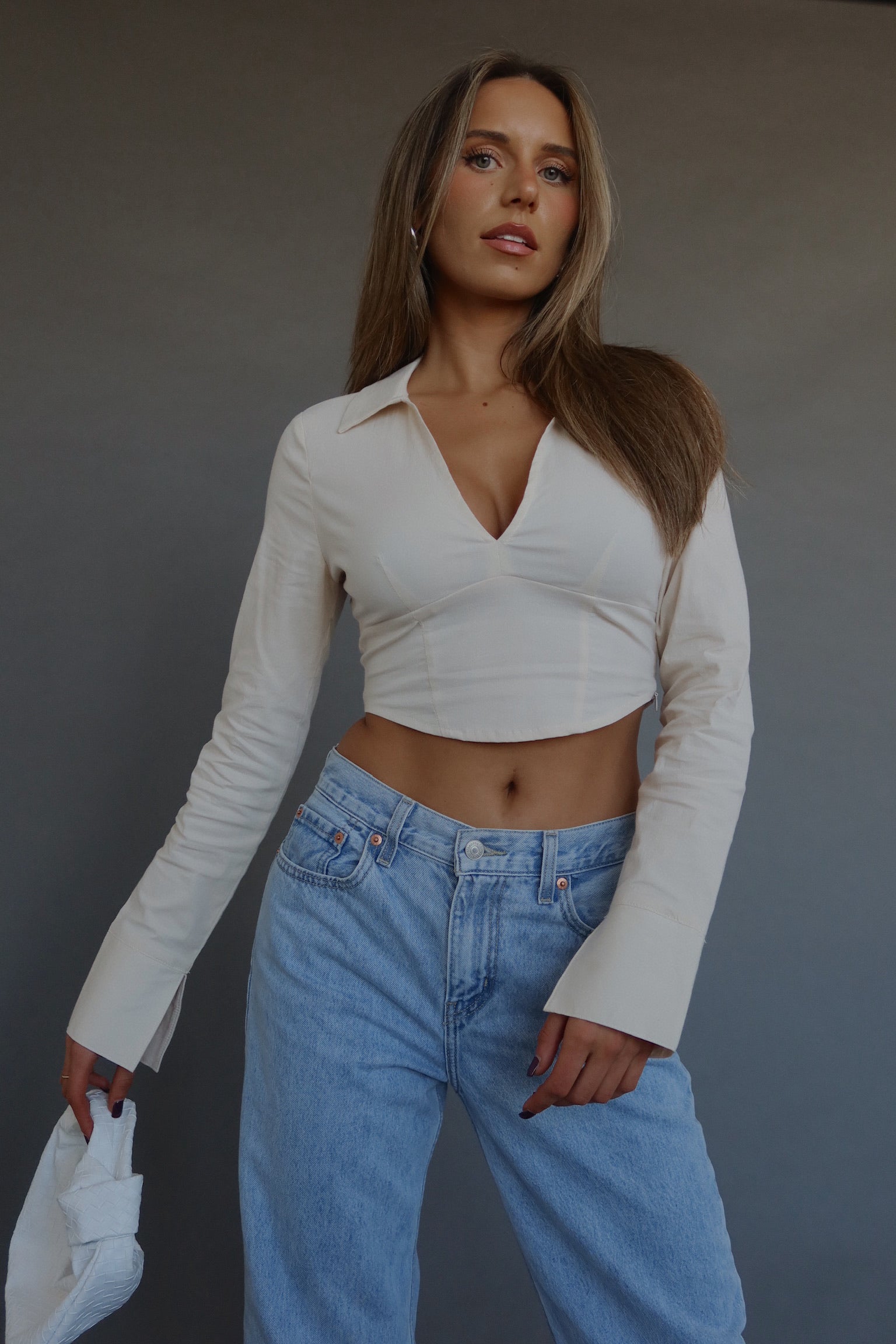 RESTOCKED :Emory Collared Long Sleeve Top In Taupe