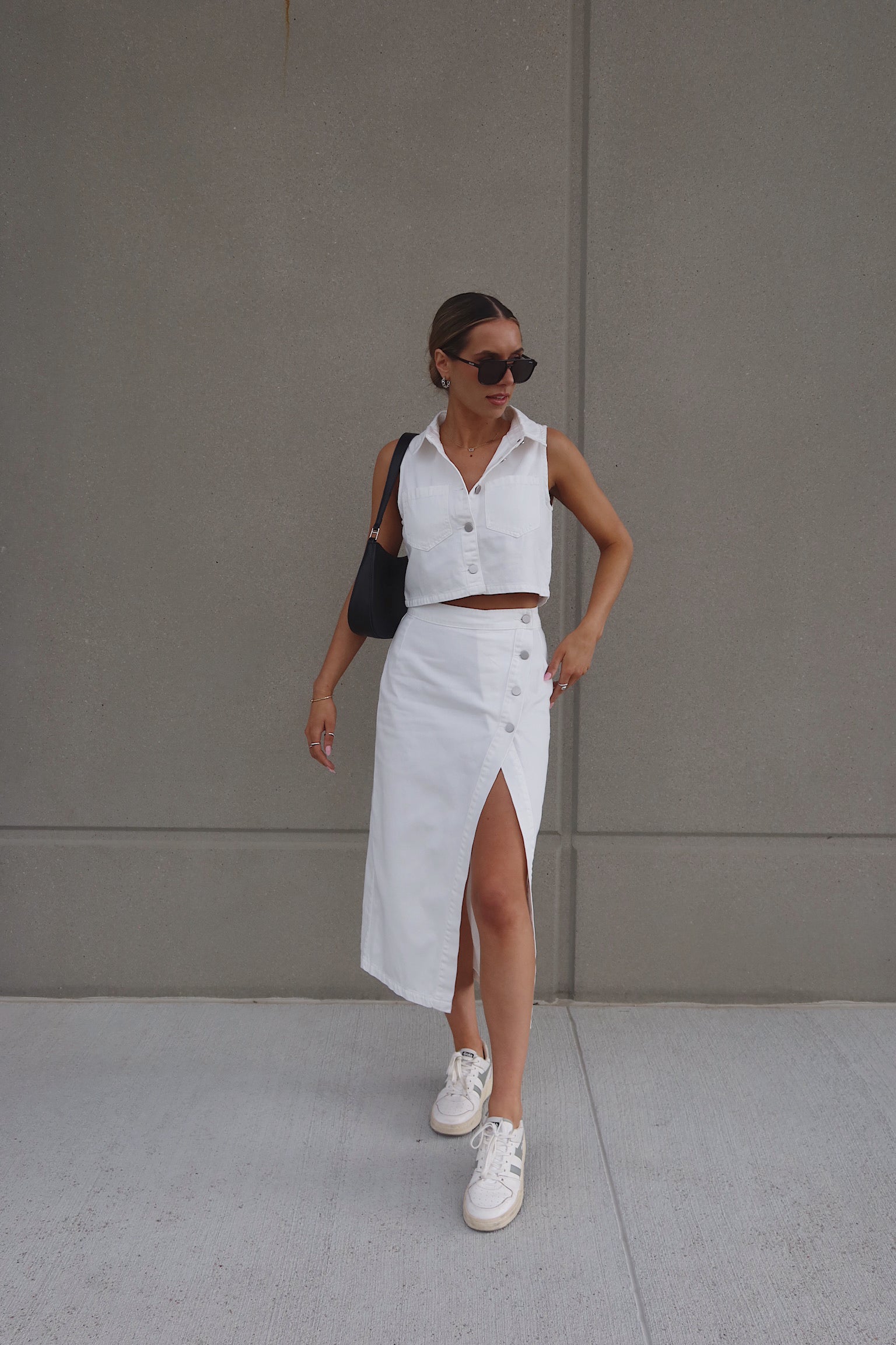 White Denim Button Down Top and Skirt Set