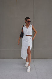 White Denim Button Down Top and Skirt Set
