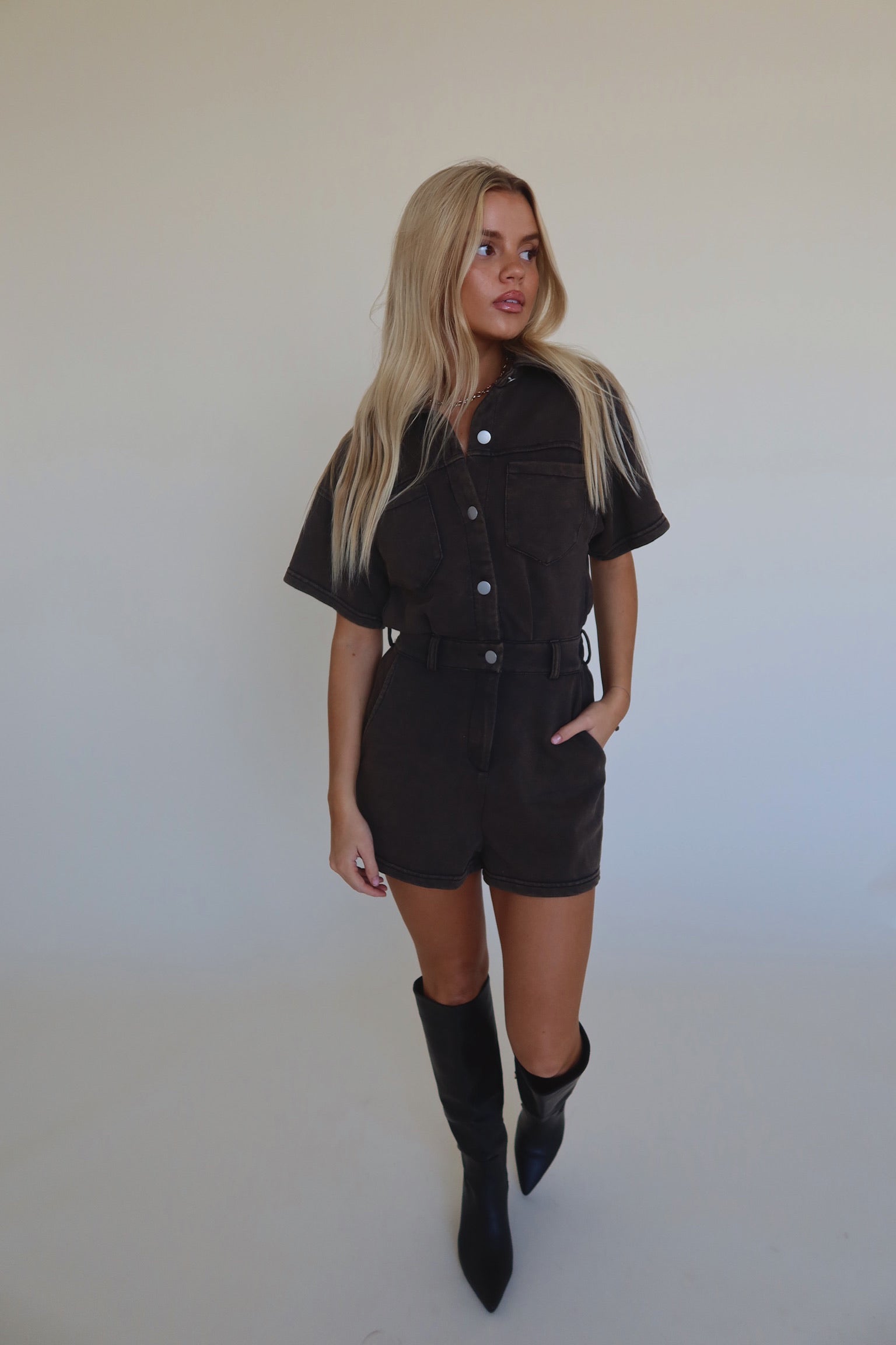 Washed Brown Short Sleeve Romper
